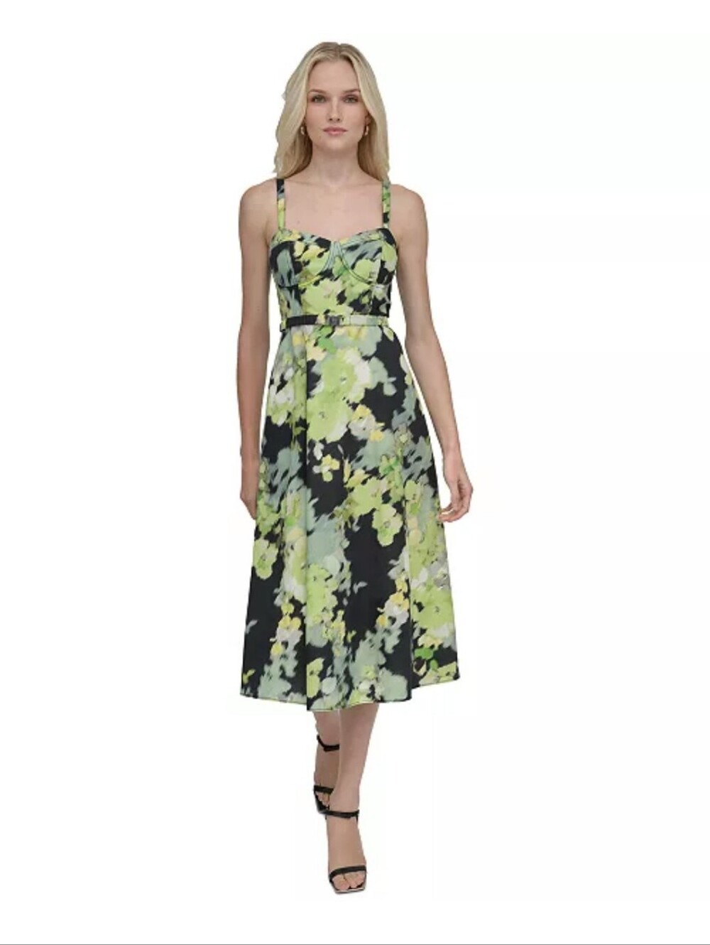 DKNY Womens 14 Floral Fit Flare Dress Black Green Bustier Belt Midi NWT $139